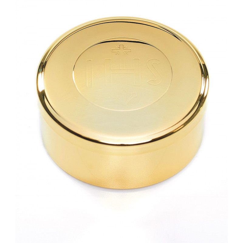 Brass pyx 7,4x4 cm, with inscription IHS, gold-plated (2)