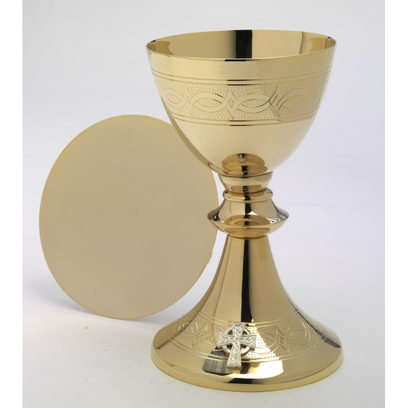 Chalice + Paten, gold-plated, cross - 20 cm (12)
