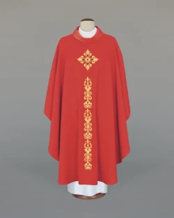 Red embroidered chasuble—cross