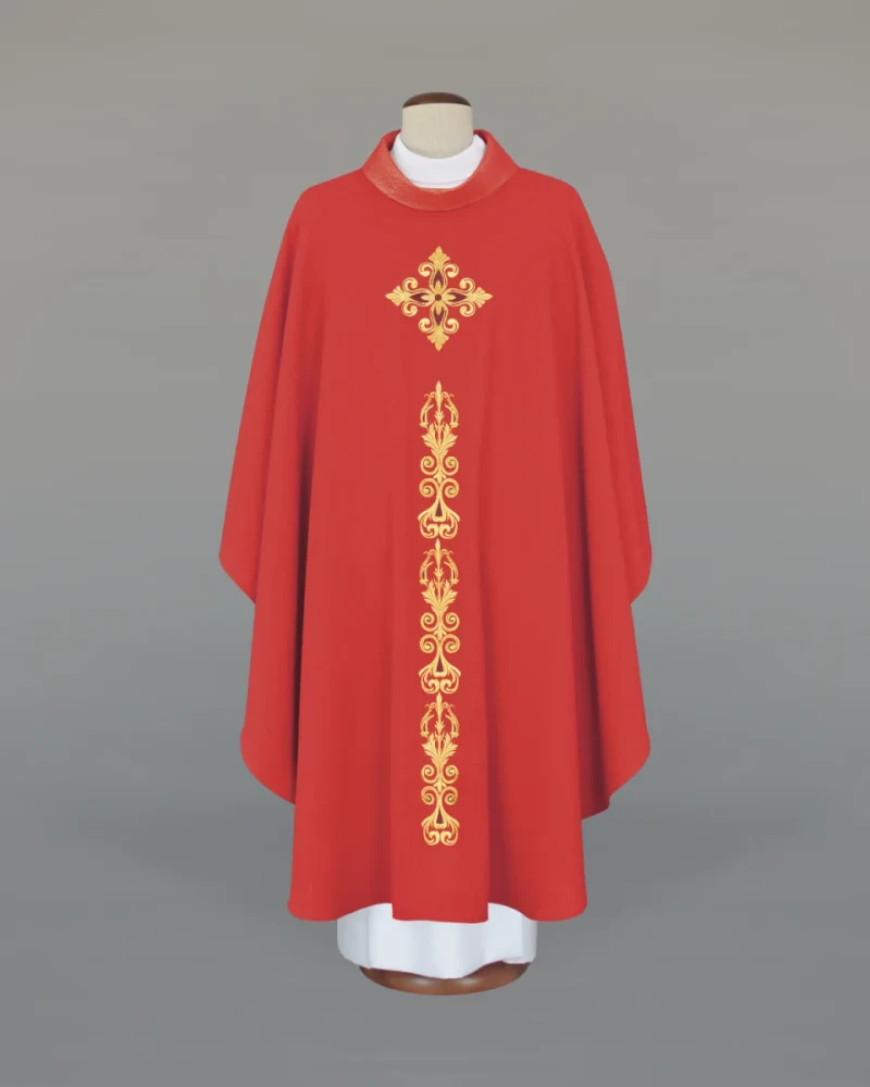 Red embroidered chasuble—cross - Best Catholic Shop