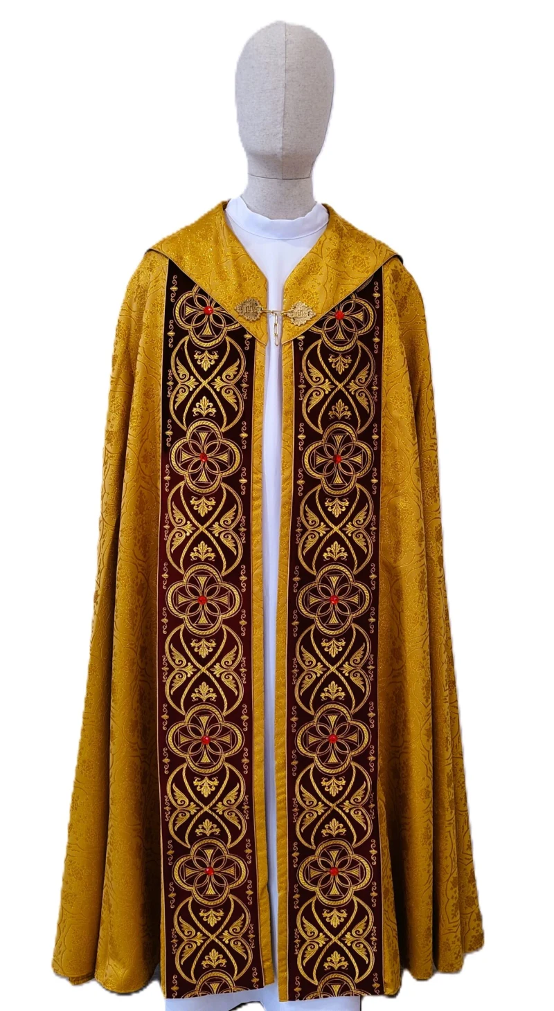 Embroidered cope, jacquard fabric—dark gold with velvet stripes - Best Catholic Shop