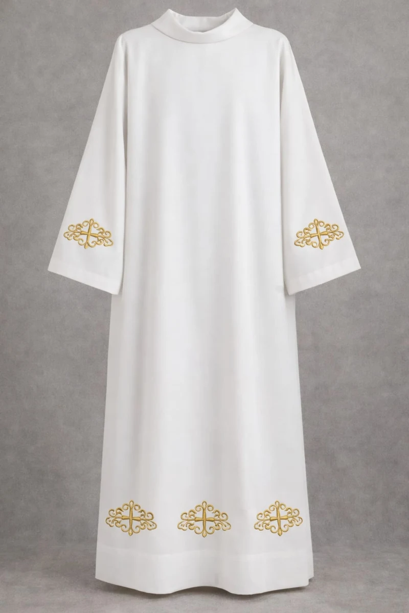 Priestly alb, embroidered with gold thread—white stretch fabric (1M) - Best Catholic Shop