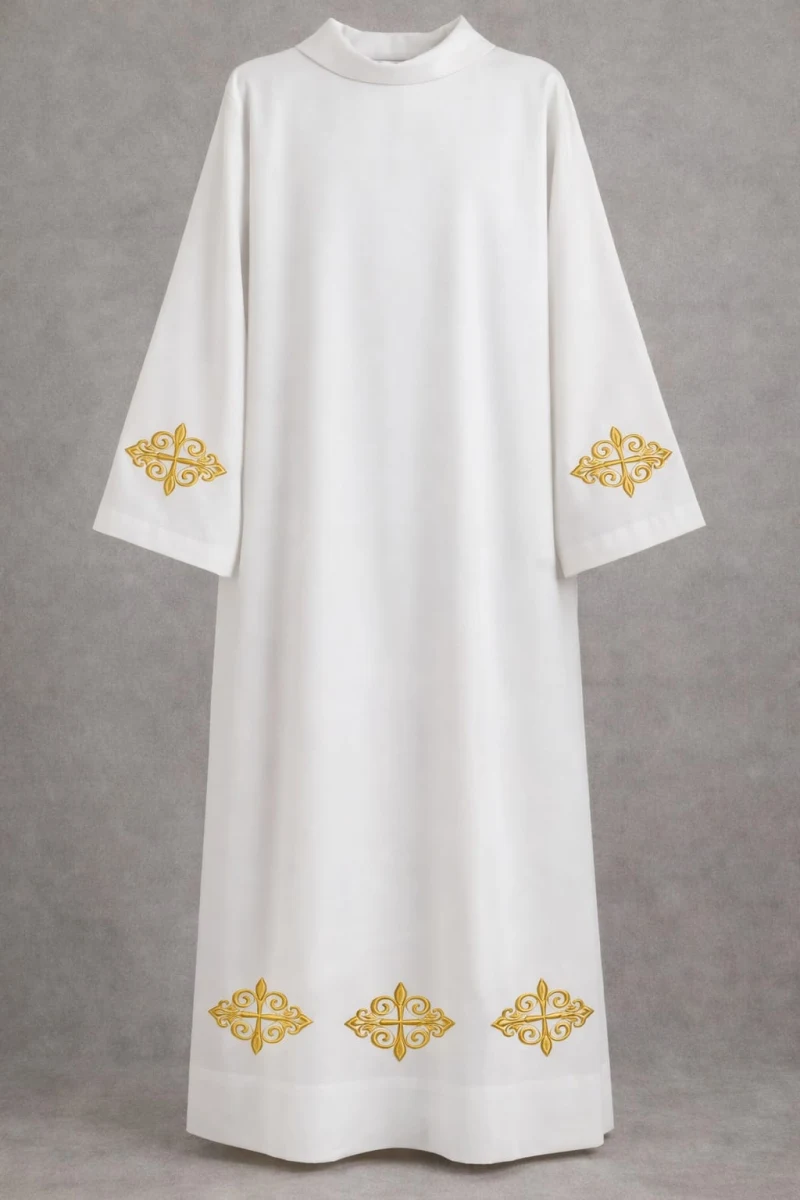 Priestly alb, embroidered with gold thread—white stretch fabric (2M) - Best Catholic Shop