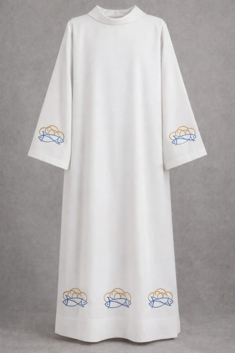 Priestly alb, embroidered with colored thread—white stretch fabric (3M) - Best Catholic Shop