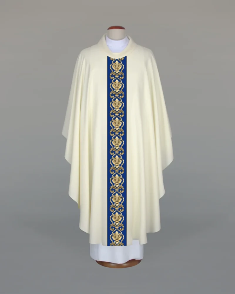 Marian chasuble, fabric-printed sash—ecru - Best Catholic Shop