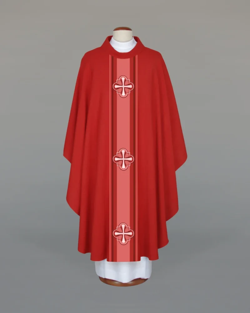Red embroidered chasuble—crosses - Best Catholic Shop