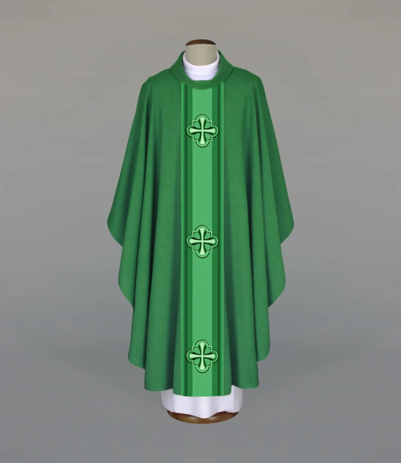 Green embroidered chasuble—crosses - Best Catholic Shop
