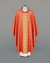 Red priestly chasuble, adorned with a striking woven sash - Image 1