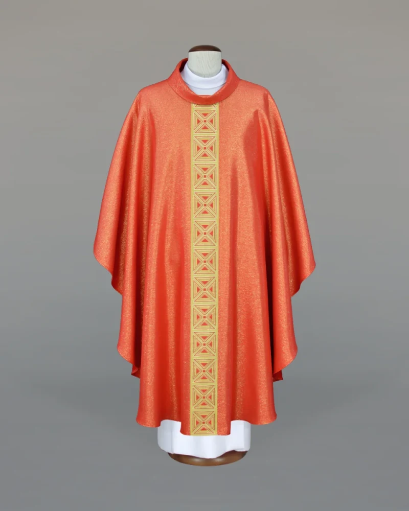 Red priestly chasuble, adorned with a striking woven sash - Best Catholic Shop