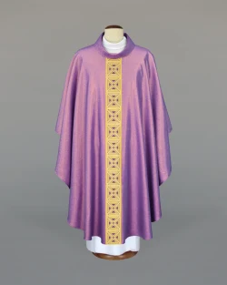 Purple priest's chasuble, adorned with a striking woven sash