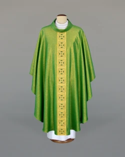 Green chasuble, adorned with a striking woven sash