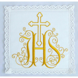 White chalice pall embroidered gold IHS