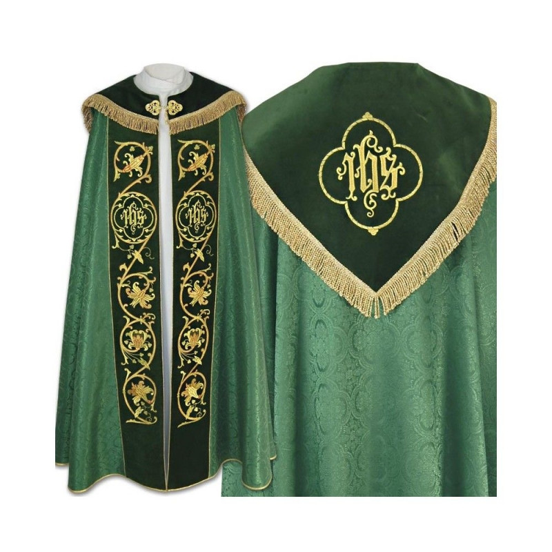 IHS embroidered green cope - velvet stripes (81) - Best Catholic Shop
