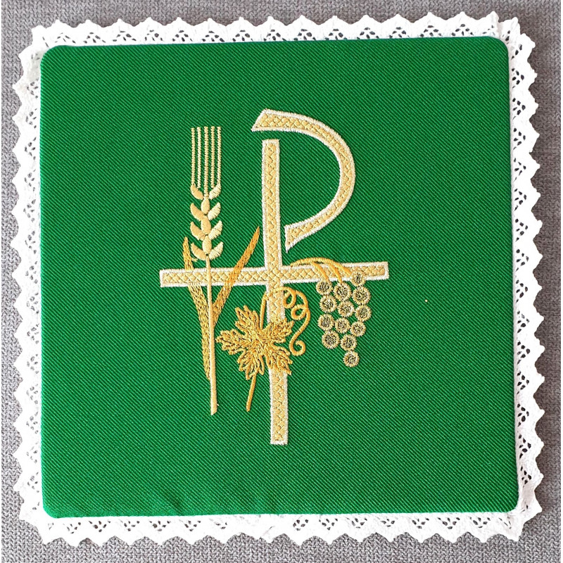 Green embroidered chalice pall - P, ear, grapes - Best Catholic Shop