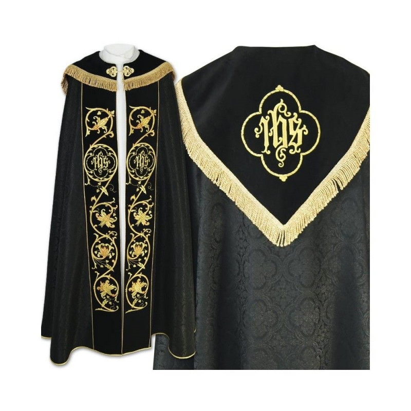 Black IHS embroidered cope - velvet stripes (78) - Best Catholic Shop