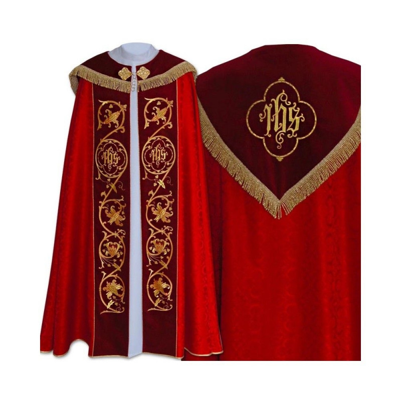 IHS red embroidered cope - velvet stripes (79) - Best Catholic Shop