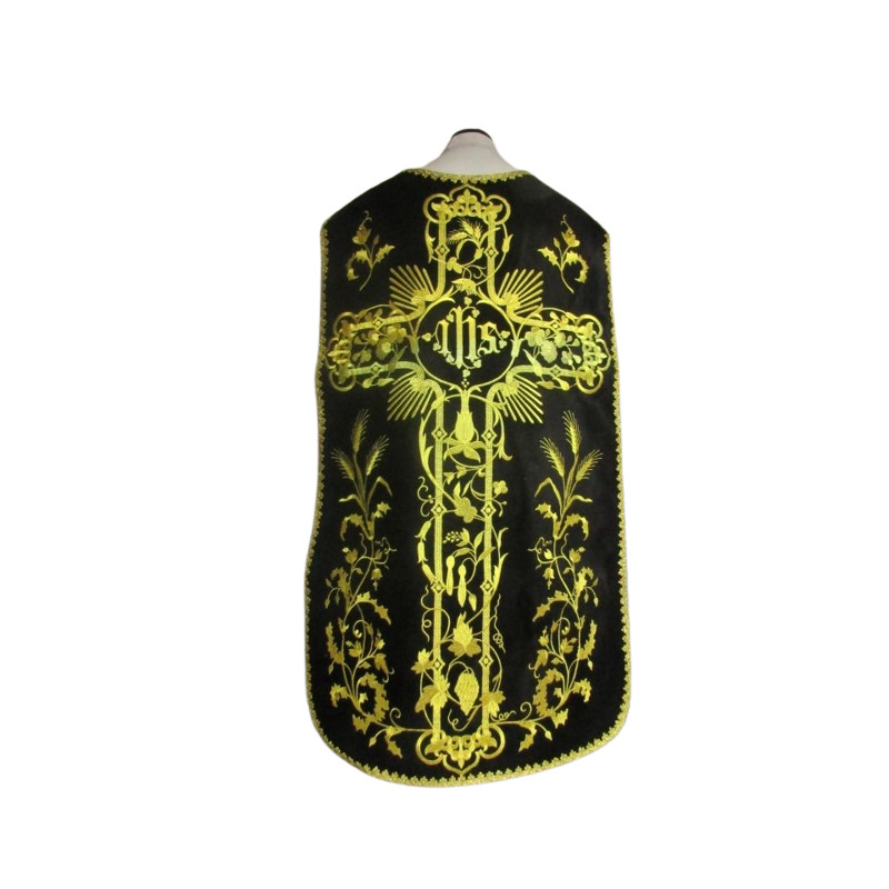 Roman chasuble black embroidered IHS, velvet (66) - Best Catholic Shop