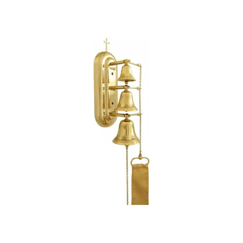 Vertical three-tone brass sanctuary bell with a polished finish