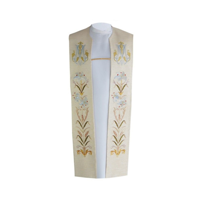 Marian embroidered stole - Marian emblem + flowers - Best Catholic Shop