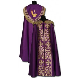 A purple cope with gold accessories