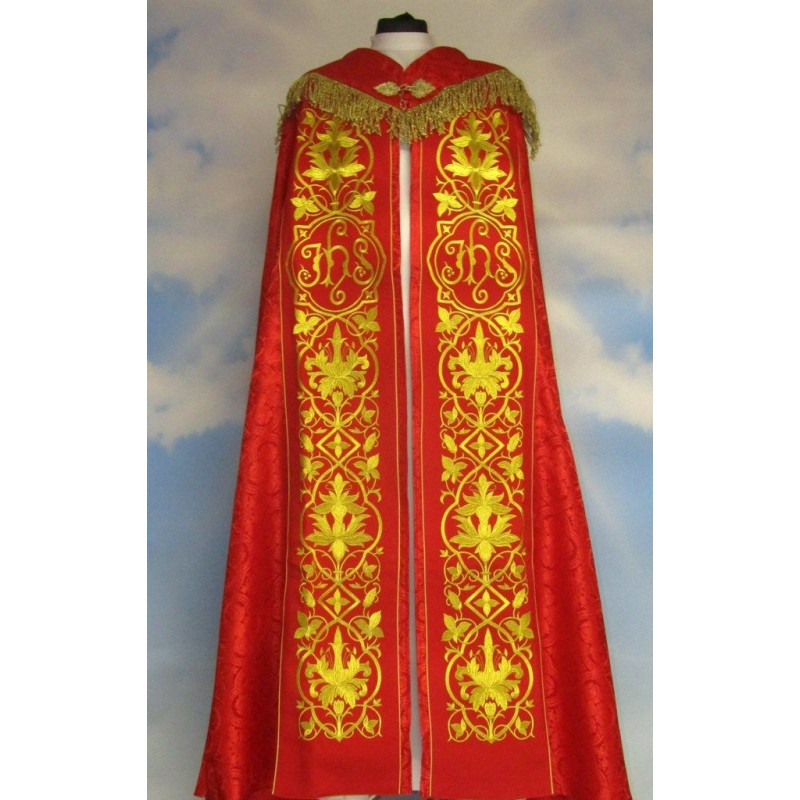 Embroidered cope - IHS red - rosette (1) - Best Catholic Shop