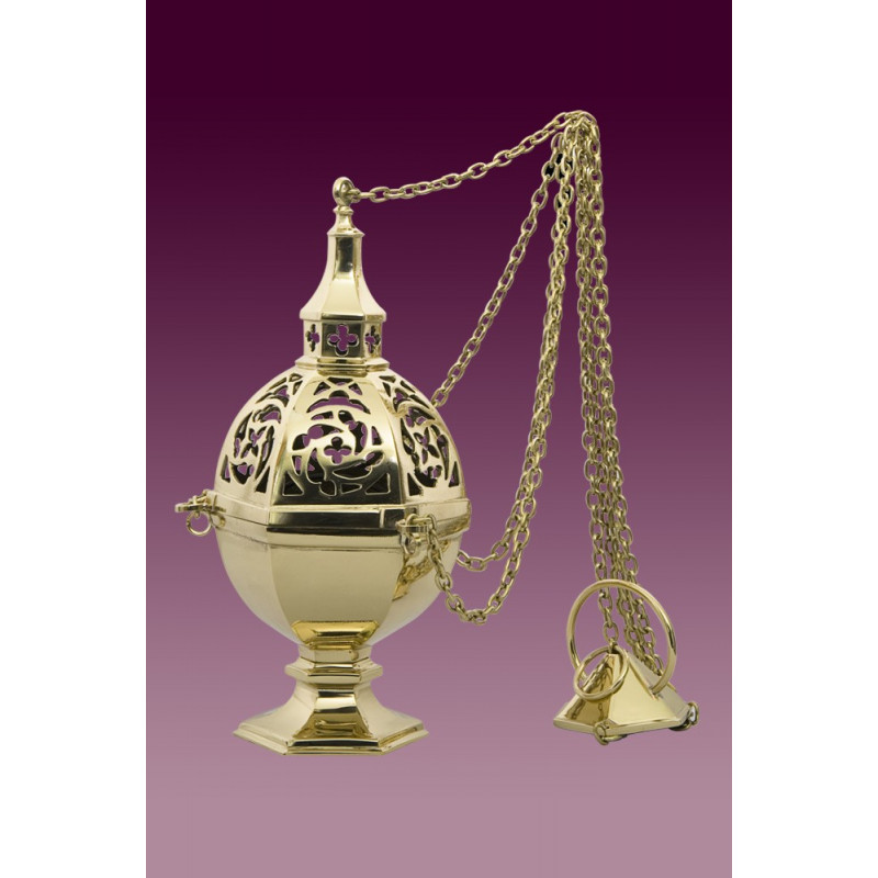 Thurible, neo-Gothic, glossy brass, height 25 cm - Best Catholic Shop