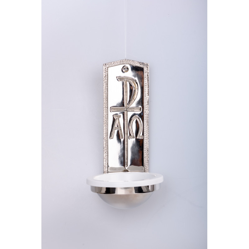 Brass, nickel-plated Alpha and Omega holy water font - 25 cm - Best Catholic Shop