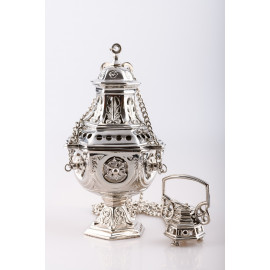 Solid brass thurible, nickel-plated - 27 cm
