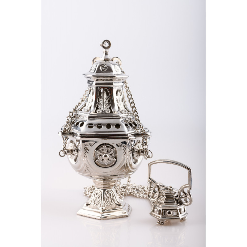 Solid brass thurible, nickel-plated - 27 cm - Best Catholic Shop