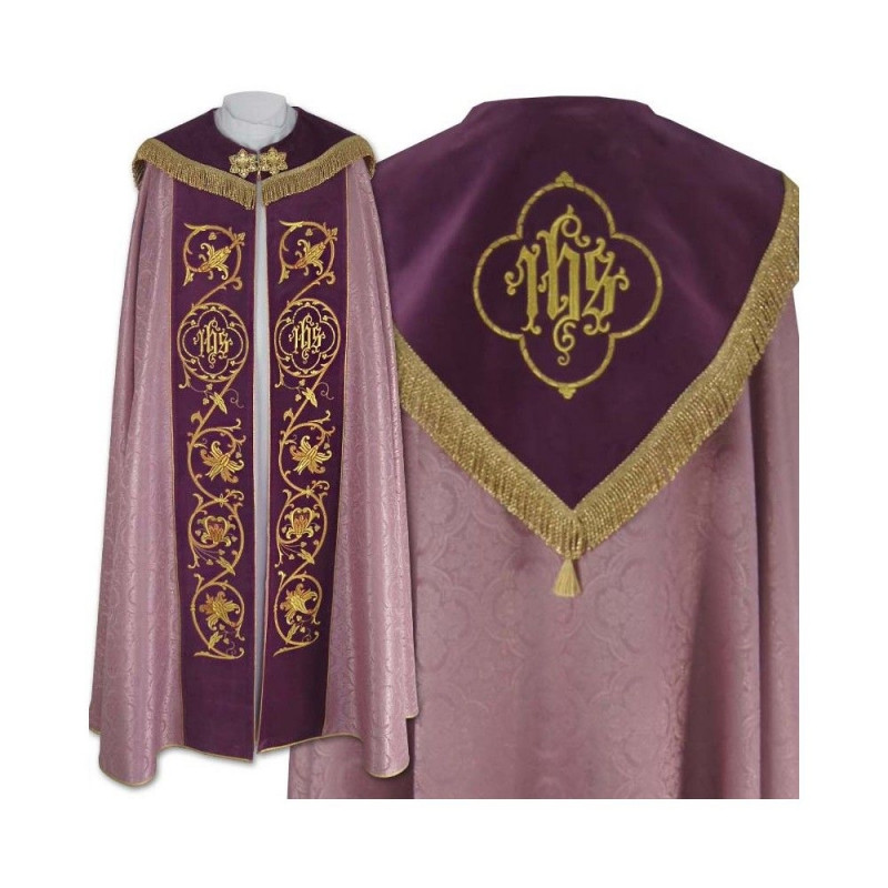Pink IHS embroidered cope - velvet stripes (82) - Best Catholic Shop