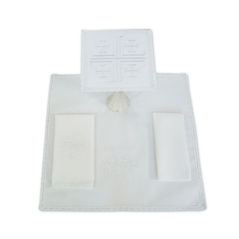 Chalice linen set, white embroidery, Jerusalem Cross (19) - Best Catholic Shop