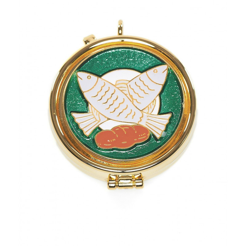Church pyx with enamel plaque - bread and fish - Best Catholic Shop