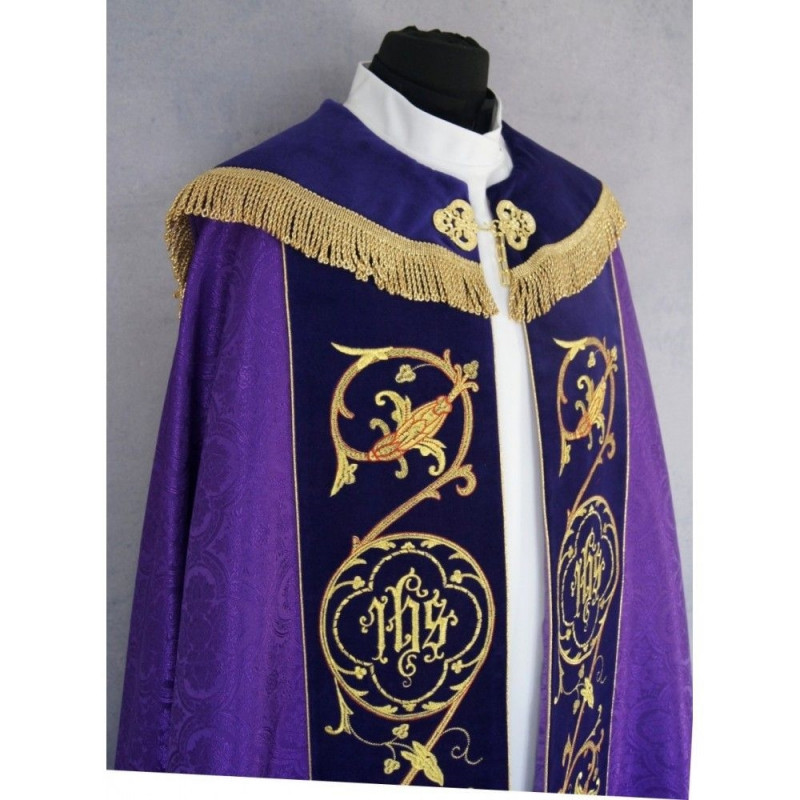 IHS embroidered purple cope - velvet stripes (80) - Best Catholic Shop